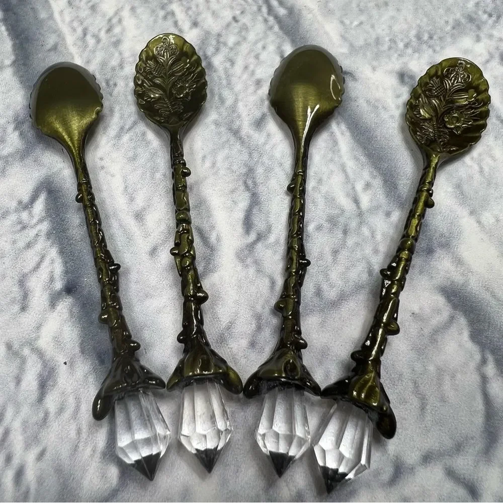 4 antique tone Retro Coffee Spoons Crystal Alloy Spoons Vintage Carved Coffee …